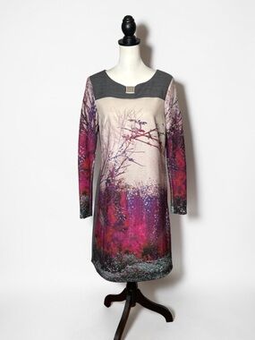 Sfizio Italy Digital Print Forest Front Shift Dress Gray Pink • US 8